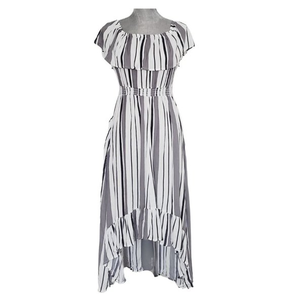 SOLD ! New Look Gray Striped Off Shoulder Casual Maxi Dress Size Small GUC - Picture 9 of 15